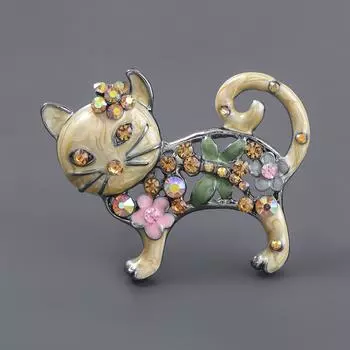 Брошь в виде цветка с бриллиантами в виде кошки, винтажная эмалевая булавка для кошки, популярные аксессуары для корсажа в Интернете бежевый
