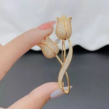 Брошь в виде цветка тюльпана, женская, медная, с микро-инкрустацией стразами, модный значок для карьеры, аксессуары для костюма, украшение для корсажа золотой