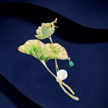 Брошь в виде листа лотоса Guofeng Dripping Oil, высококачественная женская брошь в виде лотоса с каплями воды и цирконием, аксессуары для одежды Electroplated real gold зелёный