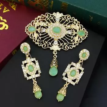 Брошь золотого цвета, квадратные серьги, комплекты ювелирных изделий для невесты, хрустальная брошь, булавки для хиджаба мятный