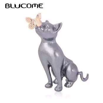 Броши Blucome с милым серым котом и бабочкой золотого цвета для женщин и детей, брошь в виде животного на рюкзак, индивидуальная булавка для воротника, аксессуары серебряный
