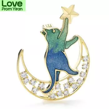 Броши Catch Star Cat для женщин, унисекс, цветная эмаль, подставка на луну, кошка, домашние животные, праздничная офисная брошь-булавка, подарки синий