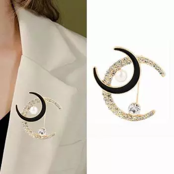 Броши с двойной луной из искусственного жемчуга и циркона для женщин, роскошная эмалированная брошь из сплава полного циркона, булавки, ювелирные изделия золотой