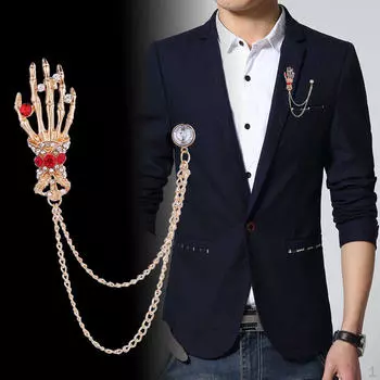 Броши-скелетоны с кисточками и цепочками, брошь-булавка со стразами на лацканах, одежда для мужских костюмов