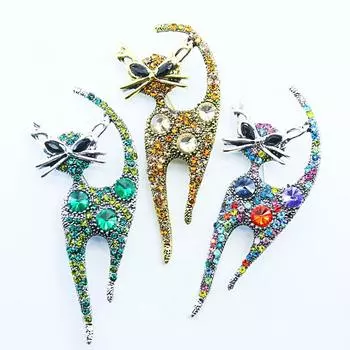 Броши со стразами и котом для женщин, модные блестящие кристаллы, брошь в виде животного, булавки, корсаж, одежда, пальто, аксессуары, ювелирные изделия, подарки