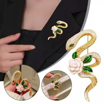 Броши в виде цветка и розы в виде змеи для женщин, унисекс, со стразами, животные, светло-зеленые глаза, костюм в стиле панк, доступ O9P5 Golden-One size