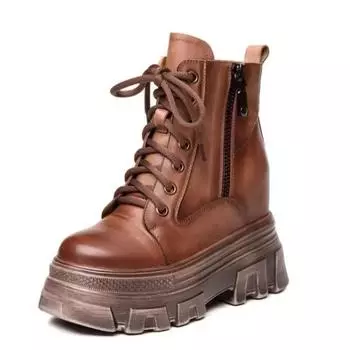 Brown 7CM Genuine Leather Synthetic Cushioned Autumn Women Spring Durable Ankle Boots Platform Wedge Winter Plush Spring Shoes 34 чёрный