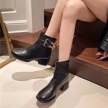 Brown/Black Womens Boots with Mid Heel Short Tip Side Zipper Winter Outdoor Anti Slip and Waterproof PU Fashion Boots De Mujer 35 чёрный