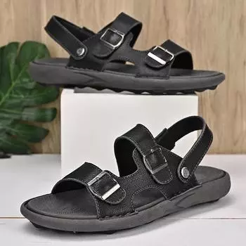 Brown Comfortable Roman Sandals Beach Casual Slippers Outdoor Tourism Sandals Handmade Leather Double Button Sandals for Men s 38 чёрный