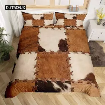 Brown Cowhide Duvet Cover Patchwork Cow Fur Farm Animal Bedding Set Western Farmhouse Retro Style Quilt Cover for Bedroom Decor 150x200cm 3pcs