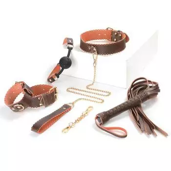 Brown Leather Collar Neck Cover Traction Chain Adult Sex Goods Handcuffs Leather Set Flirting Tools Whip