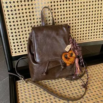 Brown Leather Pattern Small Backpack Retro Pu Soft Leather Texture Versatile Shoulder Bag Commuting Versatile Small Backpack