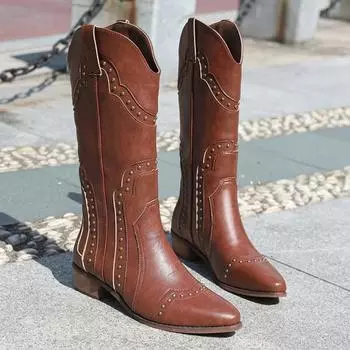 Brown Leather Splicing Rivet Pointed Toe Women Knee High Boots Autumn Winter Square Heel Slim Concise Western Cowgirl Long Boots 35 коричневый