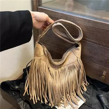 Brown matte design bag 2025 autumn new women s bag bohemian retro versatile messenger bag fringed bag