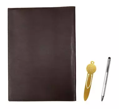Brown recycled cowhide B5 book and notebook cover with metal bookmark and a silver rotating ballpoint pen set with smartphone touch function 9