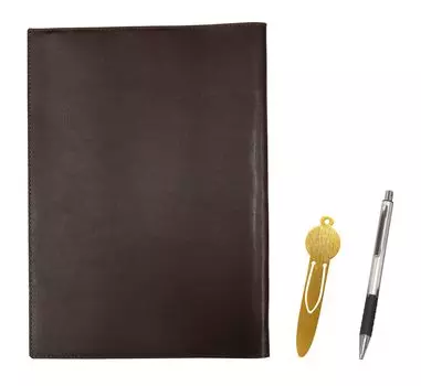 Brown recycled cowhide B5 book and notebook cover with metal bookmark and silver metal and pitch grip ballpoint pen (T23-NKK01-B5-005C-WZS2062BP)