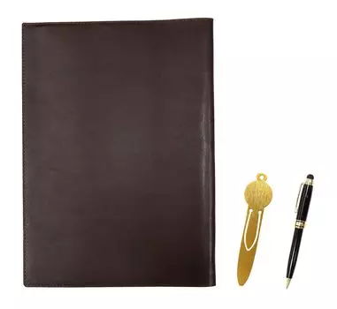 Brown recycled cowhide B5 book and notebook cover with metal bookmark and smartphone touch metal mini retro rotating ballpoint pen set чёрный