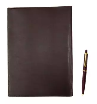 Brown recycled cowhide B5 book and notebook cover with a ballpoint pen set in red Euro-style brass-clad knock-type (T23-B5-005C-NXB-R)
