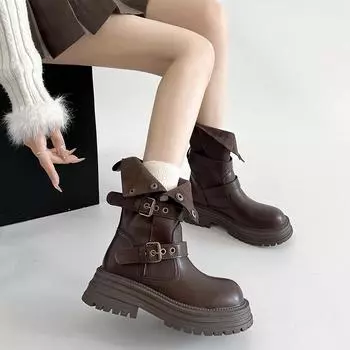 Brown retro thick heel thick-soled Martin boots women s 2025 new spring and autumn British style thin and heightened medium boots 35 чёрный