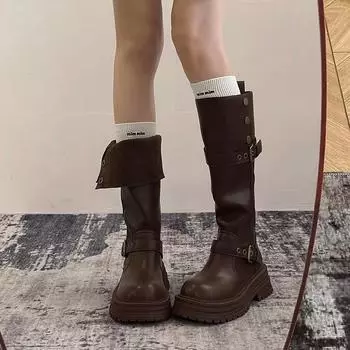 Brown retro thick heel thick-soled Martin boots women s 2024 new spring and autumn British style thin and heightened medium boots 35