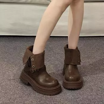 Brown retro thick-heeled thick-soled Martin boots women s 2025 autumn new British style thin and heightened short boots 35 чёрный