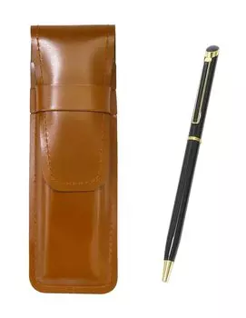 Brown Slim Cowhide Leather Pen Case with Black Epoxy Rotating Ballpoint Pen Set (T23-ASC-WD002-B) чёрный