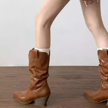 Brown Vintage Maillard Pointed Heel Medium Boots Women s 2025 New Spring and Autumn British Style Skinny Pile Boots 34 коричневый