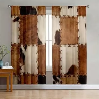 Brown White Patchwork Cow Fur Pattern Curtains, Simulated Animal Fur Shade Curtains, Pastoral Style Farmhouse Farm Decoration 50W160H(CM)x2Panel&Hook