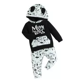 Брючный костюм для маленьких мальчиков, 6 м, 12 м, 18 м, 24 м, украшение для ушей с героями мультфильмов, свитер с большими карманами и брючным костюмом с высокой талией 0-6 Months чёрный