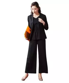 Брючный костюм Добби материал комплект брючный костюм комплект воротник пиджак блузка Черный S [Nissen] [Женский костюм] полуширокий 3-х частей (нет + 2-сторонний + брюки) чёрный