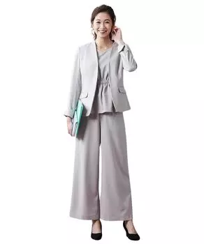 Брючный костюм Добби Материал Комплект Брючный костюм Комплект Пиджак Блузка Серо-бежевый 3L [Nissen] [Женский костюм] Полуширокий 3-х предметный (Без воротника + 2-сторонний + брюки)