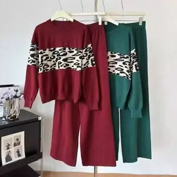 Брючный костюм, модный женский повседневный свитер с круглым вырезом и леопардовым принтом, женские брюки, элегантный комплект из двух предметов, осень-зима, новинка One Size чёрный