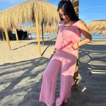 Брючный костюм с открытыми плечами и жилетом на шнуровке, женский жилет без рукавов, бант, широкие брюки, комплект из тонкого хлопка и льна для отдыха на лето S синий