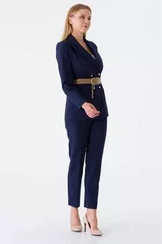 Брючный костюм с поясом и деталями темно-синий LUCKY
