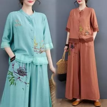 Брючный костюм в этническом стиле, женский, верхняя одежда из рами, летний хлопковый льняной кардиган с вышивкой, свободный комплект из двух предметов для мам XXXXXL синий