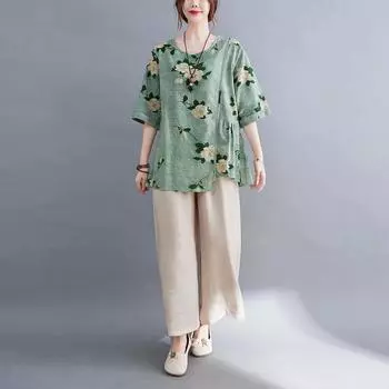 Брючный костюм женский хлопковый льняной повседневный тонкий топ с коротким рукавом удобные брюки комплект из двух предметов L