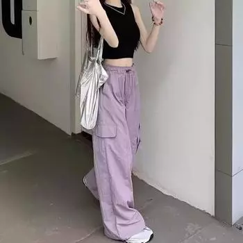 Брюки эластичные, с высокой талией, с регулируемым шнурком, длинные брюки, однотонные, широкие, с несколькими карманами S серый