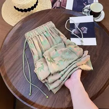 Брюки больших размеров с широкими штанинами для женщин, винтажный летний стиль, повседневные брюки в китайском стиле, удобные, легкие, модные брюки 4XL зелёный