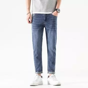 Брюки больших размеров, весенне-осенние мужские брюки, джинсовые повседневные брюки-шаровары с девятью точками, прямые джинсы 28 синий