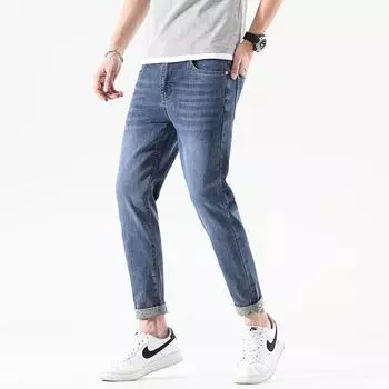 Брюки больших размеров, весенне-осенние мужские брюки, джинсовые повседневные брюки-шаровары с девятью точками, прямые джинсы 28 синий