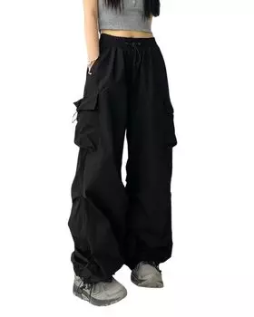 Брюки Cargo Wide Plain Large [MTUIOY], женские, брюки, повседневные, стильные, тонкие, брюки, свободные, размер, 4-черный-M чёрный