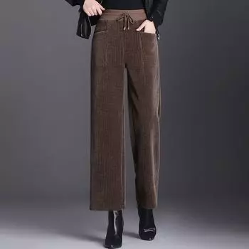 Брюки Chenier 2024 осень-зима утолщенный бархат высокая талия тонкие полоски бархат слегка утягивающие брюки повседневные свободные брюки M