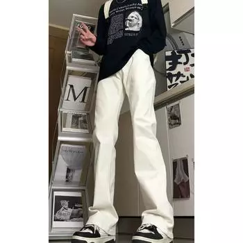 Брюки чистого белого цвета, джинсы слегка расклешенные, мужская зауженная версия, облегающие брюки, прямые брюки с высокой посадкой, брюки высокого качества S белый