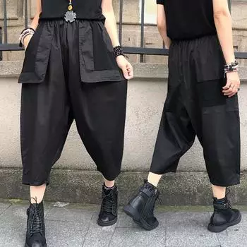 Брюки-девятки Harajuku Повседневные брюки-карго Однотонные мешковатые прямые брюки Широкие карманы Брюки для бега Уличная одежда для женщин 2000 года XXL чёрный