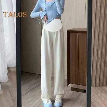 Брюки для беременных с высокой талией на резинке, прямые широкие длинные брюки, однотонные тонкие брюки, одежда для беременных M белый