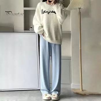 Брюки для беременных с высокой талией на резинке, прямые широкие длинные брюки, однотонные тонкие брюки, одежда для беременных M белый