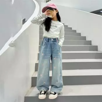 Брюки для девочек 2024 года, модные повседневные брюки с вышивкой «Любовь», узкие джинсовые брюки большого размера для детей, широкие брюки 150 синий