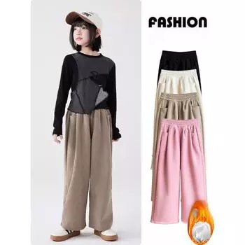 Брюки для девочек большого размера из бархата, зимние детские вельветовые утолщенные, свободные повседневные брюки для детей среднего и большого размера 170 чёрный