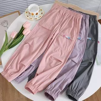 Брюки для девочек, летние, тонкие, детские, повседневные, свободные, антимоскитные, детские, средние и большие, спортивные брюки, брюки для мальчиков 110