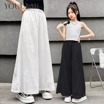 Брюки для девочек, летняя одежда, новинка 2024 года, детские летние длинные свободные брюки для девочек, летние широкие брюки из ледяного шелка, брюки-кюлоты 4-5y чёрный